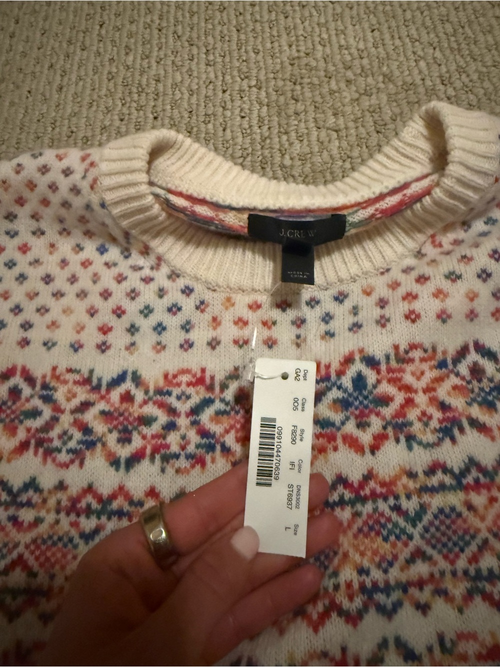J. Crew Cream Fair Isle Crewneck Sweater with Multicolor Holiday Pattern - Picture 4 of 5